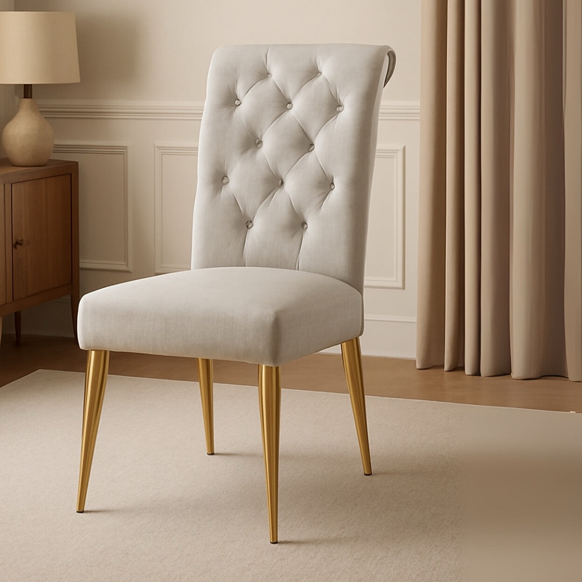 Beige upholstered chair with gold legs in a room setting